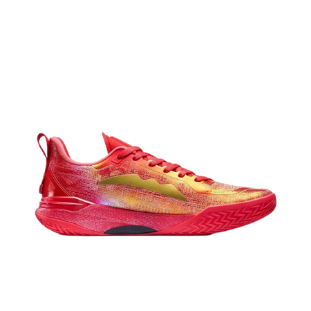 Unisex basketball shoes, red knit upper with gold-to-yellow side panel and zigzag sole.