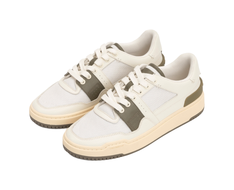 Pair of ecru low-top sneakers with white laces and olive quarter panels