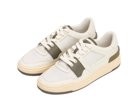 Pair of ecru low-top sneakers with white laces and olive quarter panels