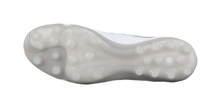 White silvery soccer cleat outsole with round molded traction studs.