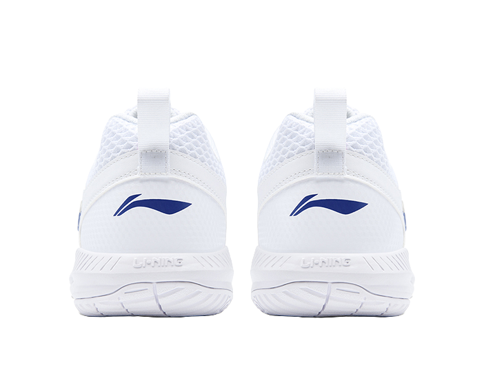 White badminton shoes heel view with blue logo and cushioned collar