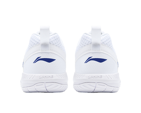 White badminton shoes heel view with blue logo and cushioned collar