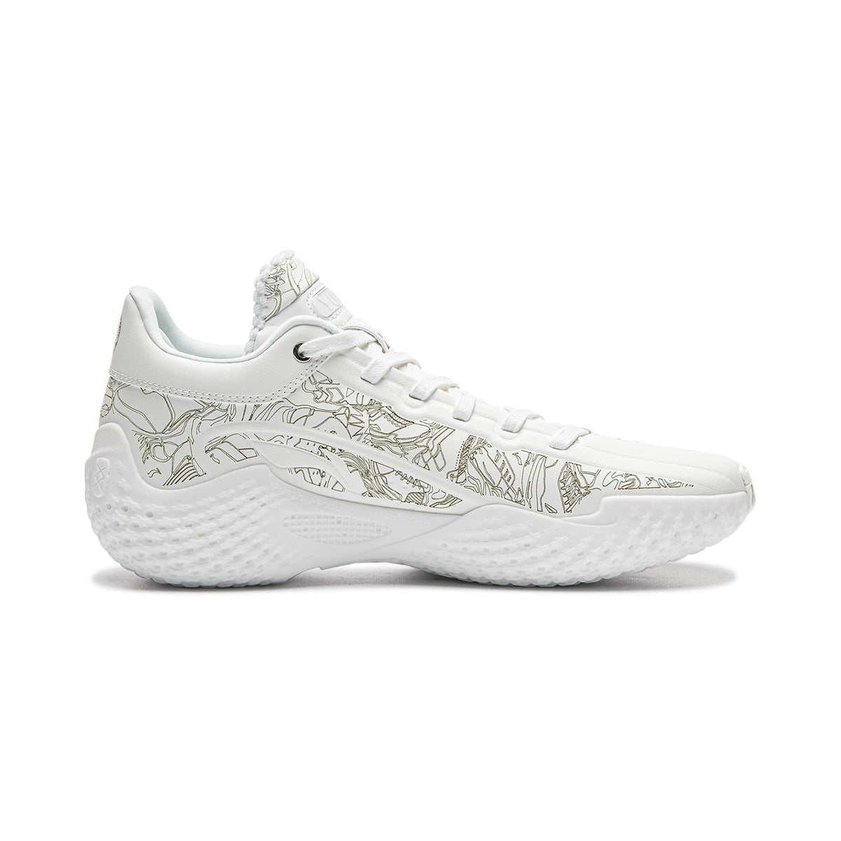 White basketball shoe side view with lace-up, gold trim, textured sole tread