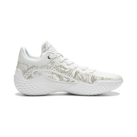 White basketball shoe side view with lace-up, gold trim, textured sole tread