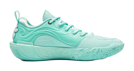 Light teal low-top basketball shoes, side view with textured midsole and lace-up
