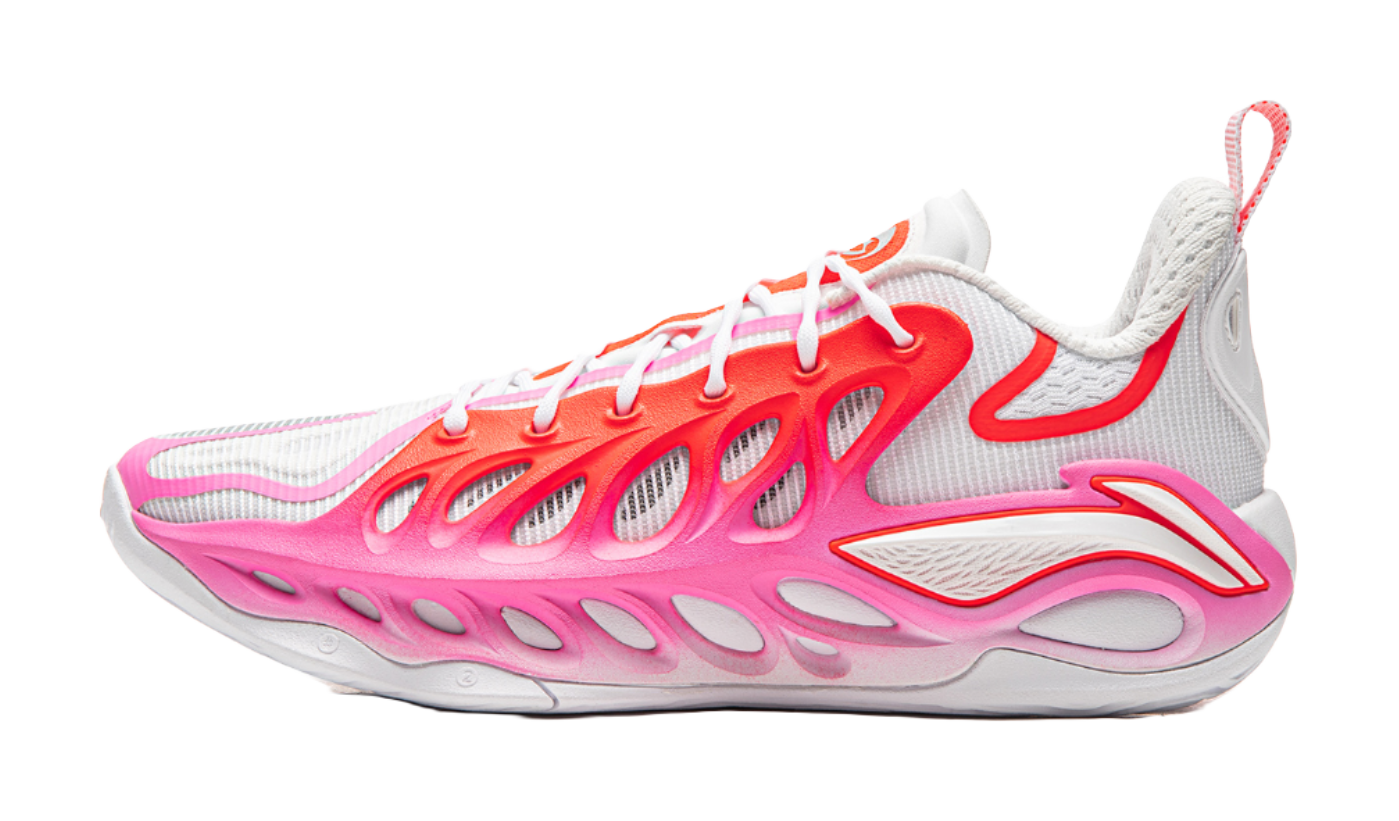 Unisex basketball shoe, white mesh upper with pink and red sculpted sole