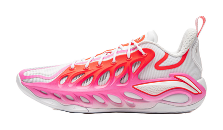 Unisex basketball shoe, white mesh upper with pink and red sculpted sole
