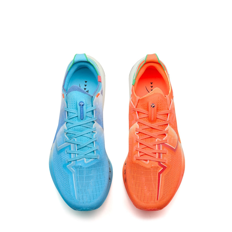 Marathon racing shoes pair, blue and orange-red with lace-up uppers and shaped padded collars