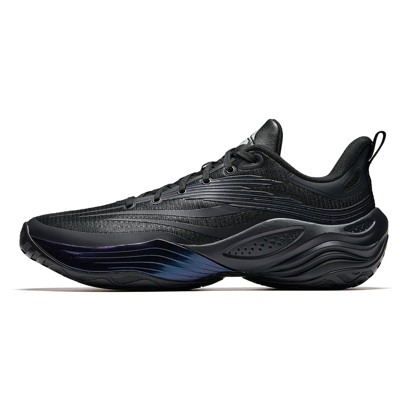 Black and grey basketball shoe with lace-up upper and molded sole tread