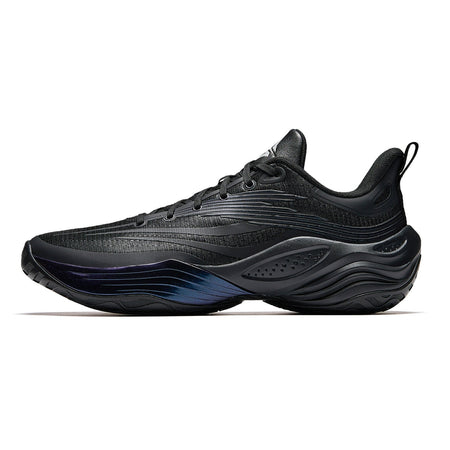 Black and grey basketball shoe with lace-up upper and molded sole tread
