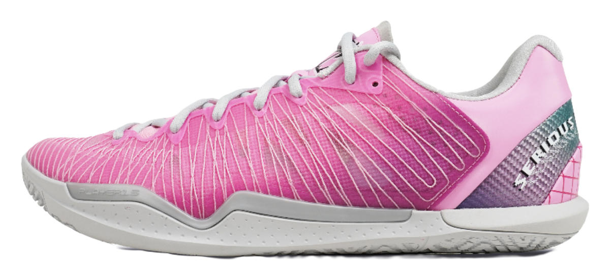 Low-top basketball shoes with pink-to-purple mesh upper, lace-up, and light gray sole