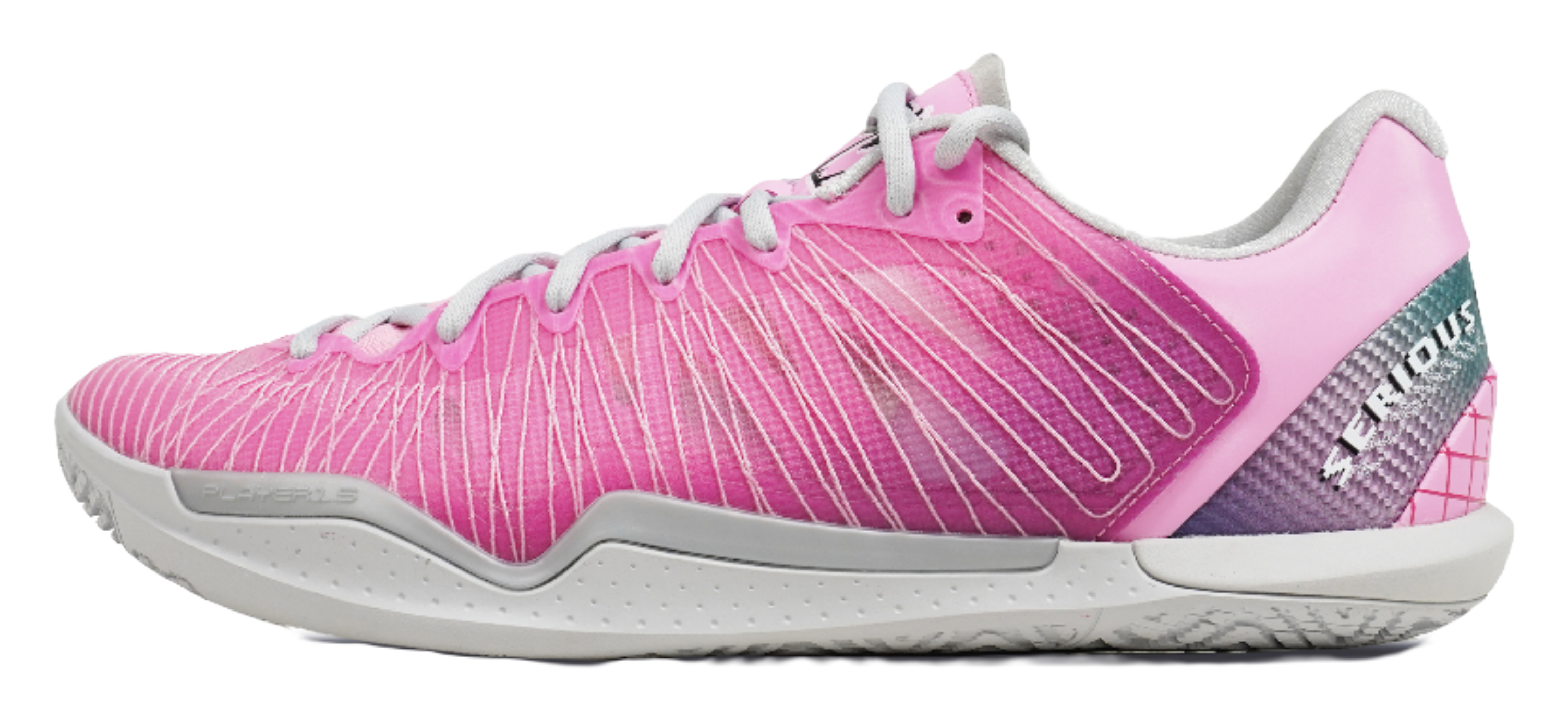 Low-top basketball shoes with pink-to-purple mesh upper, lace-up, and light gray sole