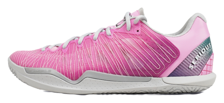 Low-top basketball shoes with pink-to-purple mesh upper, lace-up, and light gray sole