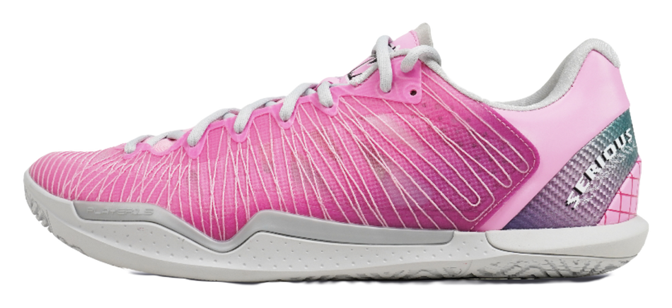 Low-top basketball shoes with pink-to-purple mesh upper, lace-up, and light gray sole