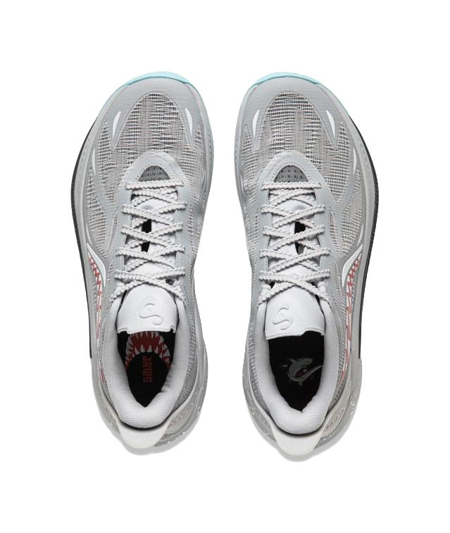 Pair of light gray basketball shoes, lace-up mesh upper with red side detail