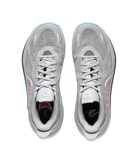Pair of light gray basketball shoes, lace-up mesh upper with red side detail