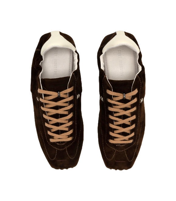Women's dark brown suede sneakers, pair front view with lace-up and light lining