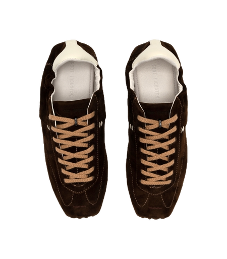 Women's dark brown suede sneakers, pair front view with lace-up and light lining