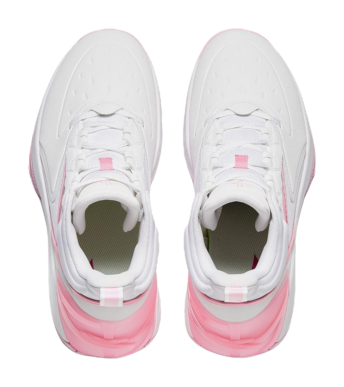White and pink high-top basketball shoes, tongue and interior view with lace-up strap