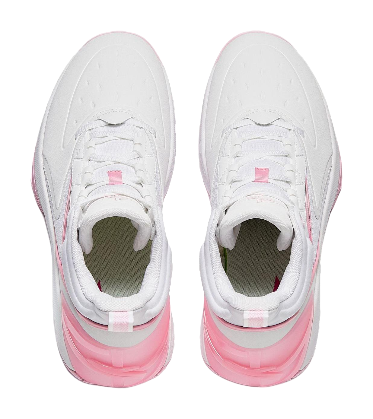White and pink high-top basketball shoes, tongue and interior view with lace-up strap