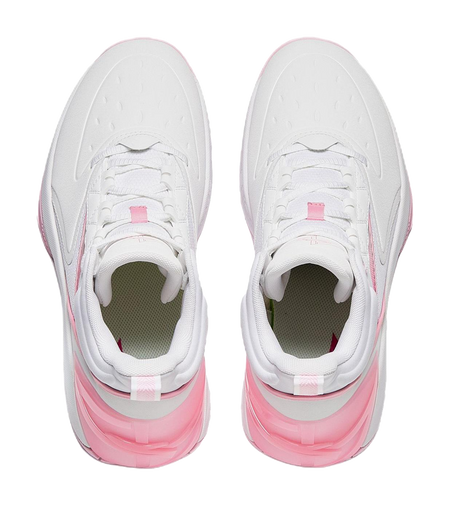 White and pink high-top basketball shoes, tongue and interior view with lace-up strap