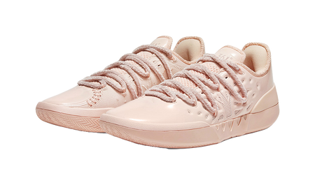 Soft pink low basketball shoes, lace-up with stitched sidewall logo detail