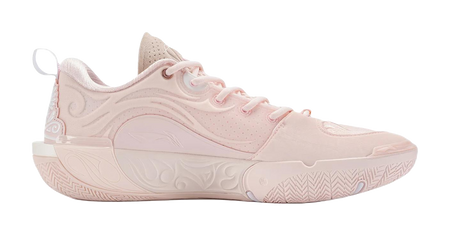 Light pink lace-up basketball shoe with high collar and patterned rubber outsole