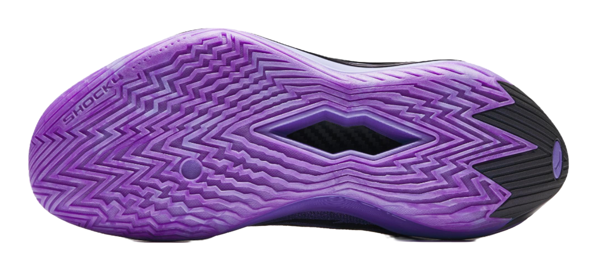 Purple basketball shoe outsole with zigzag traction pattern and black outsole edge.