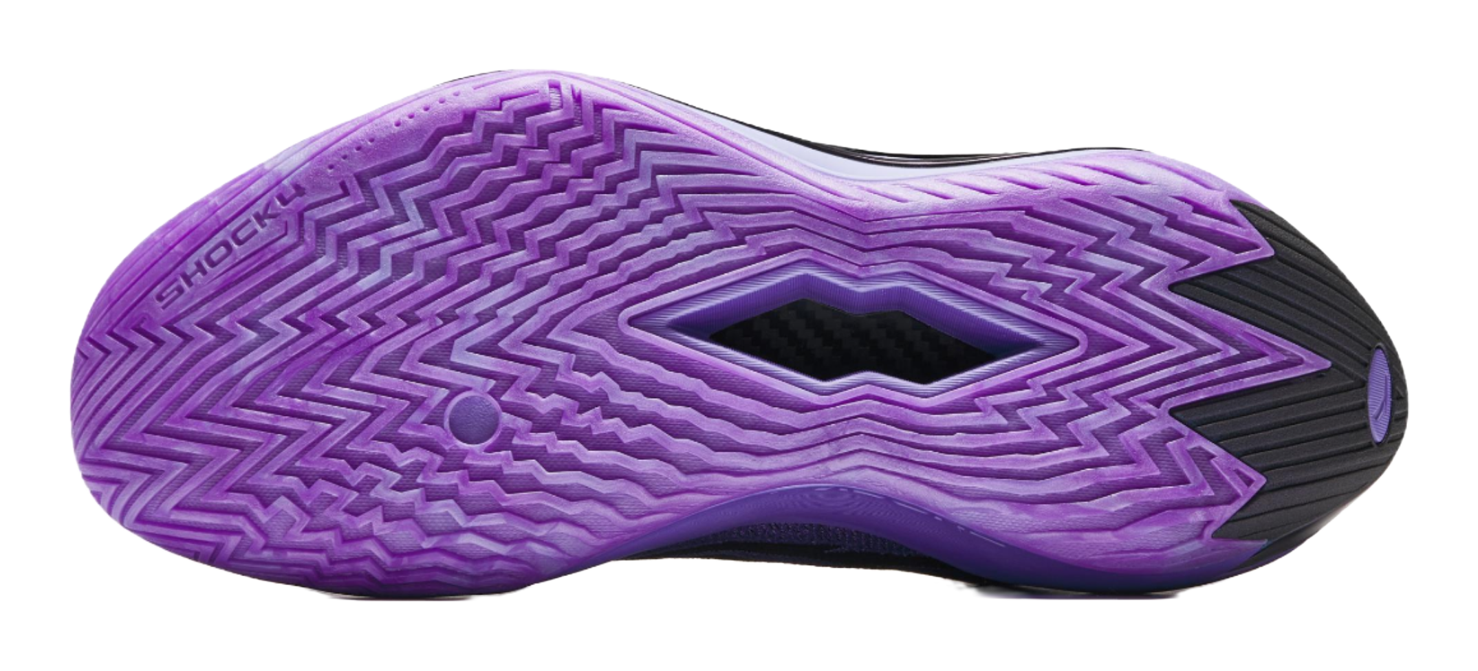 Purple basketball shoe outsole with zigzag traction pattern and black outsole edge.