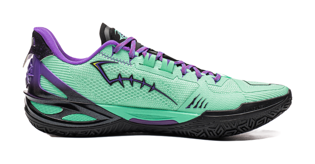 Li-Ning Liren 6 V2 low basketball shoe opposite side with mint mesh and purple accents