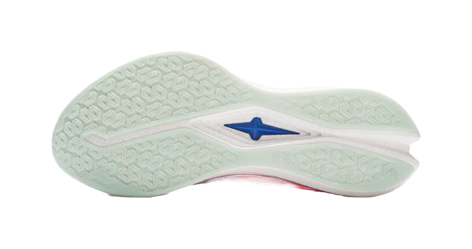 Outsole of white and blue running shoes with textured traction tread