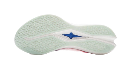 Outsole of white and blue running shoes with textured traction tread