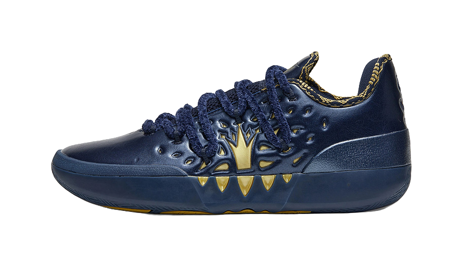 Blue low-top basketball shoe with gold graphic logo and lace-up front