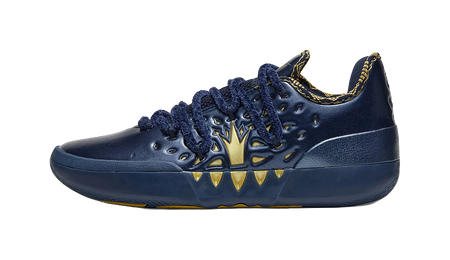 Blue low-top basketball shoe with gold graphic logo and lace-up front