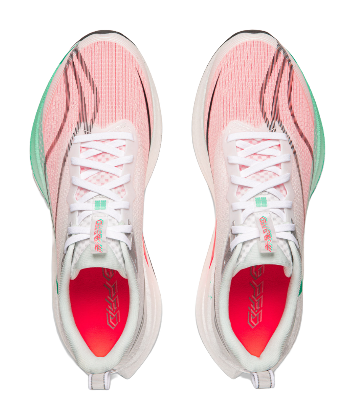 Pair of running shoes top view: white laces, pink upper panels, red interior lining, green side trim