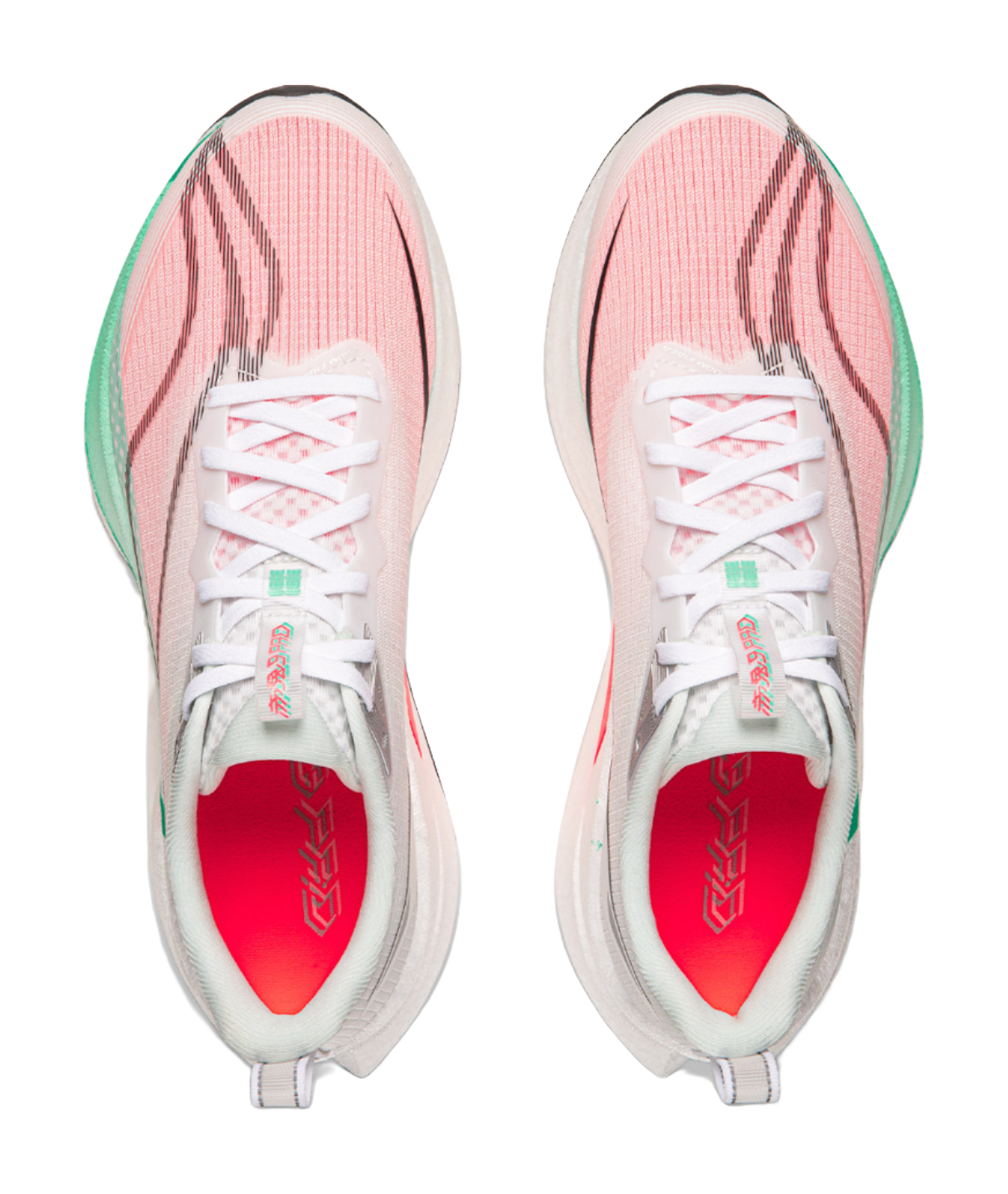 Pair of running shoes top view: white laces, pink upper panels, red interior lining, green side trim