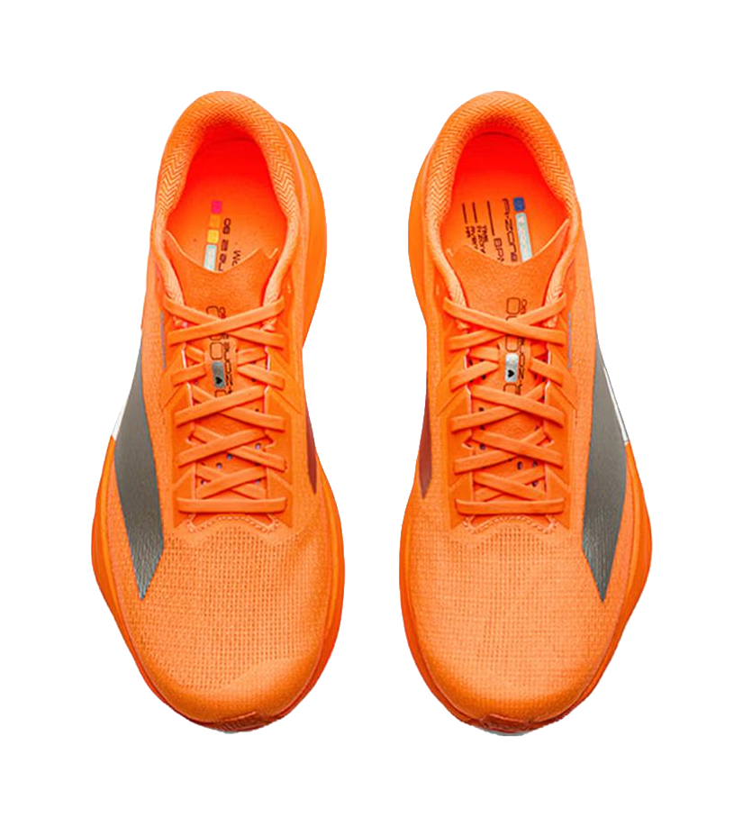 Orange running shoes front view with lace-up design and blue side accents.