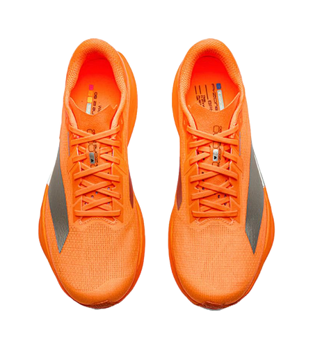 Orange running shoes front view with lace-up design and blue side accents.