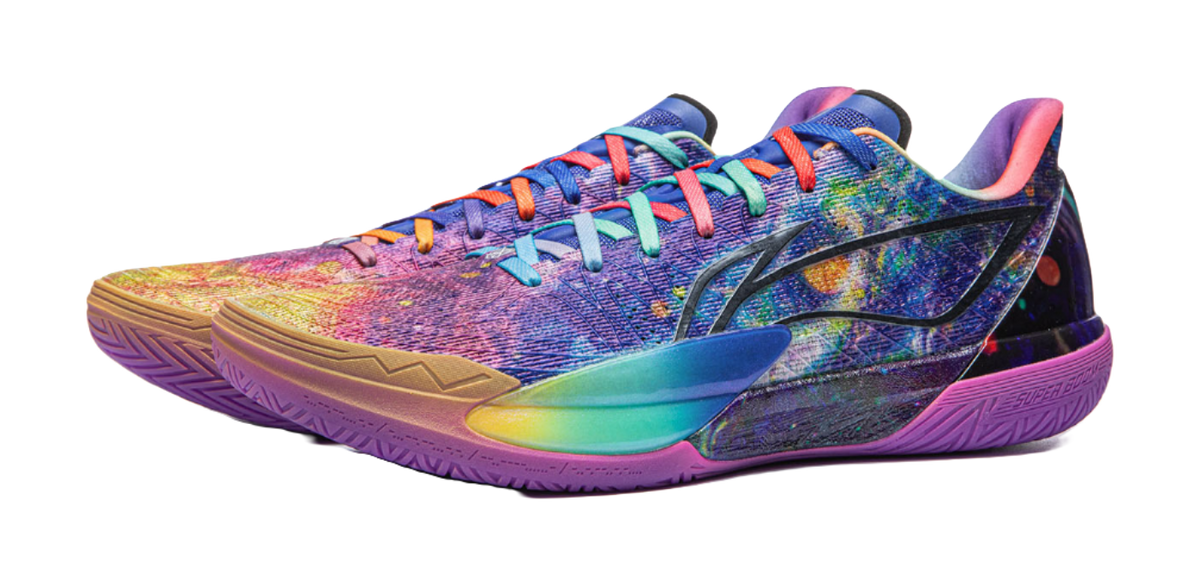 Pair of multicolor basketball shoes with blue laces and patterned upper