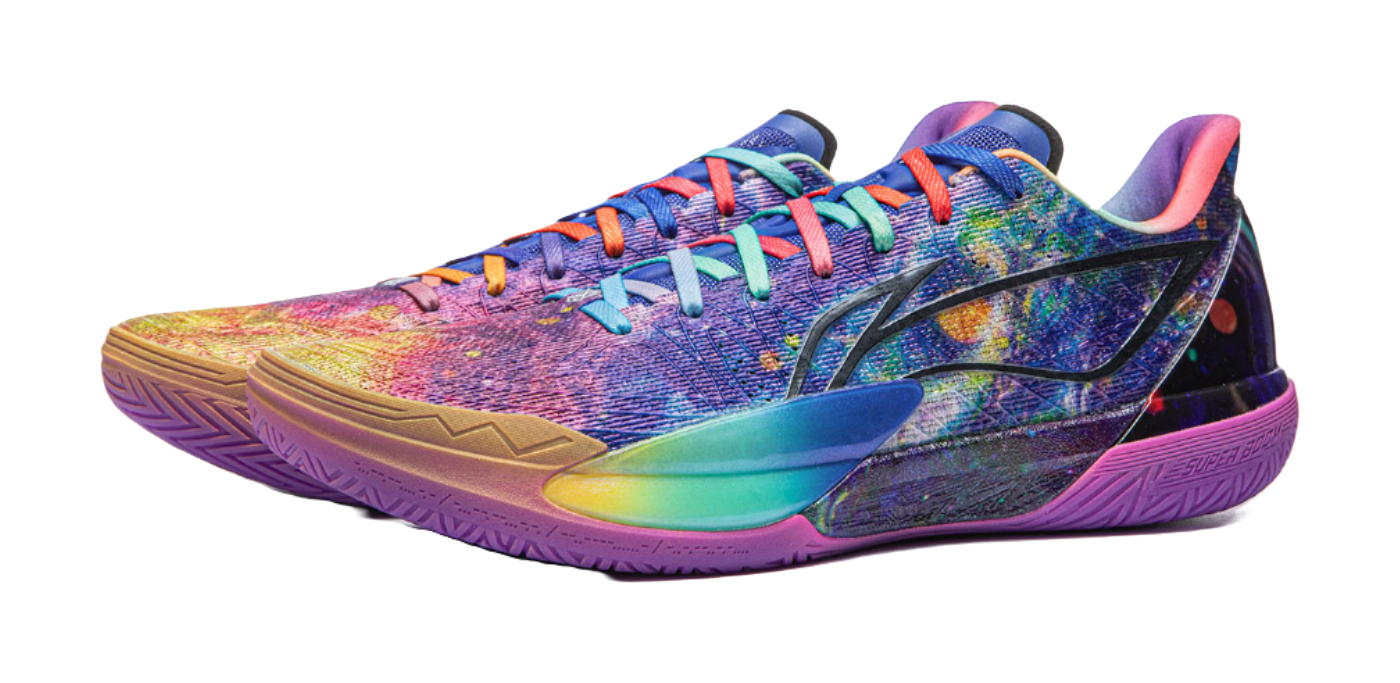 Pair of multicolor basketball shoes with blue laces and patterned upper