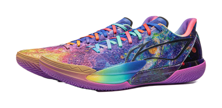 Pair of multicolor basketball shoes with blue laces and patterned upper