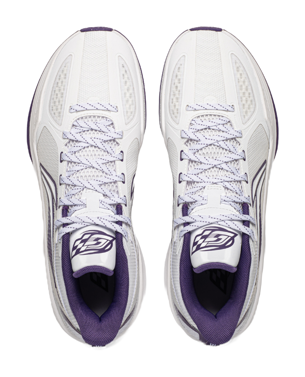 Pair of low-top basketball shoes, white with purple laces and tongue accents.