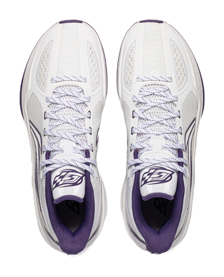 Pair of low-top basketball shoes, white with purple laces and tongue accents.