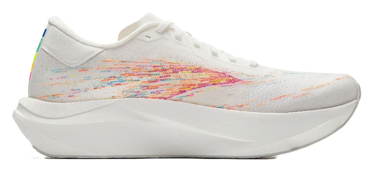 White running shoe with multicolor streak graphic and low-profile cushioned sole