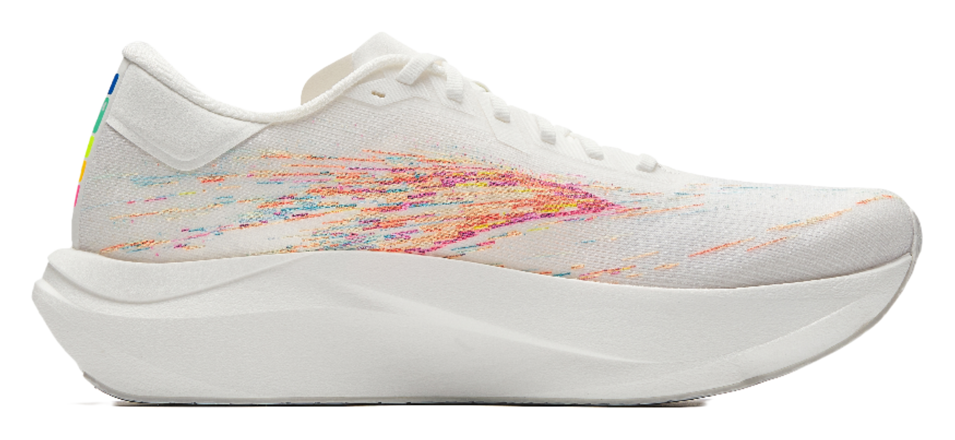 White running shoe with multicolor streak graphic and low-profile cushioned sole