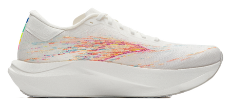 White running shoe with multicolor streak graphic and low-profile cushioned sole