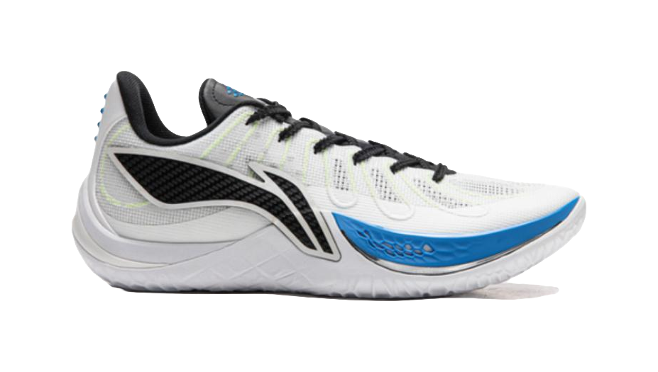 Li-Ning basketball shoe side view: white upper, black laces, dark side panel, blue accent sole