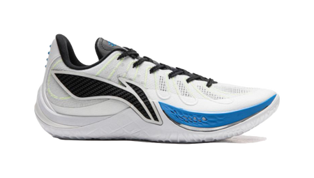 Li-Ning basketball shoe side view: white upper, black laces, dark side panel, blue accent sole