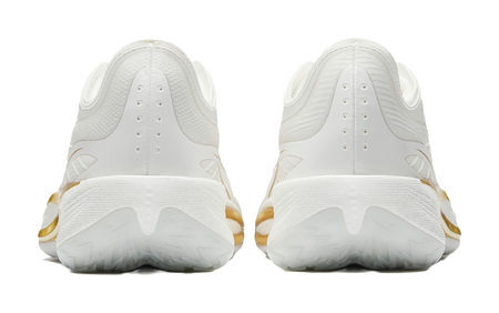 Pair of men's white low-top basketball shoes, rear view with gold heel accents
