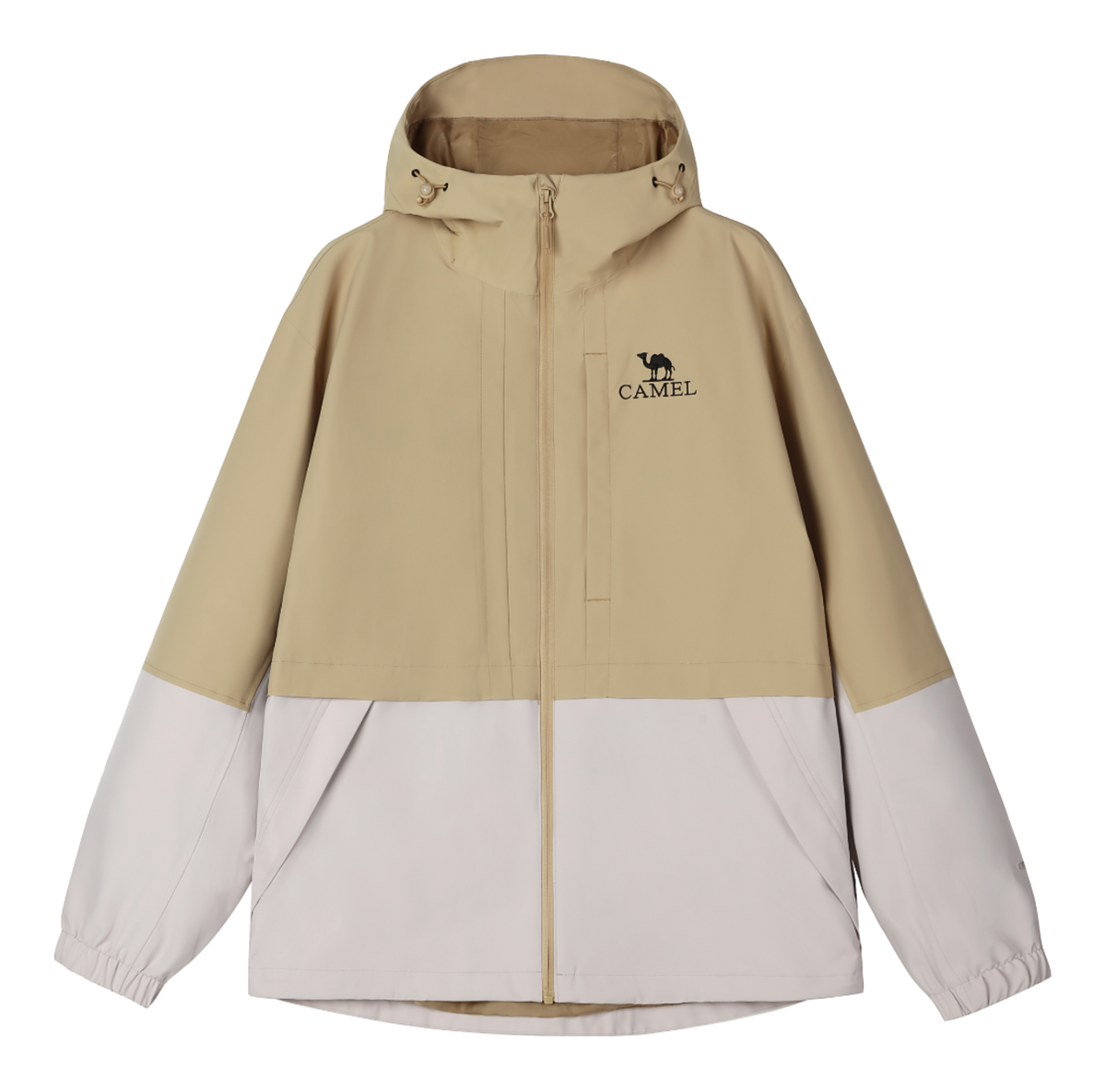Men's tan and off-white colorblock windbreaker with hood and full-zip front